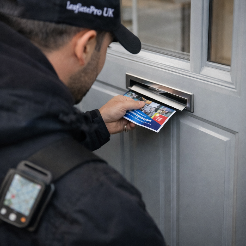 LeafletPro UK team member delivering a leaflet through a front door